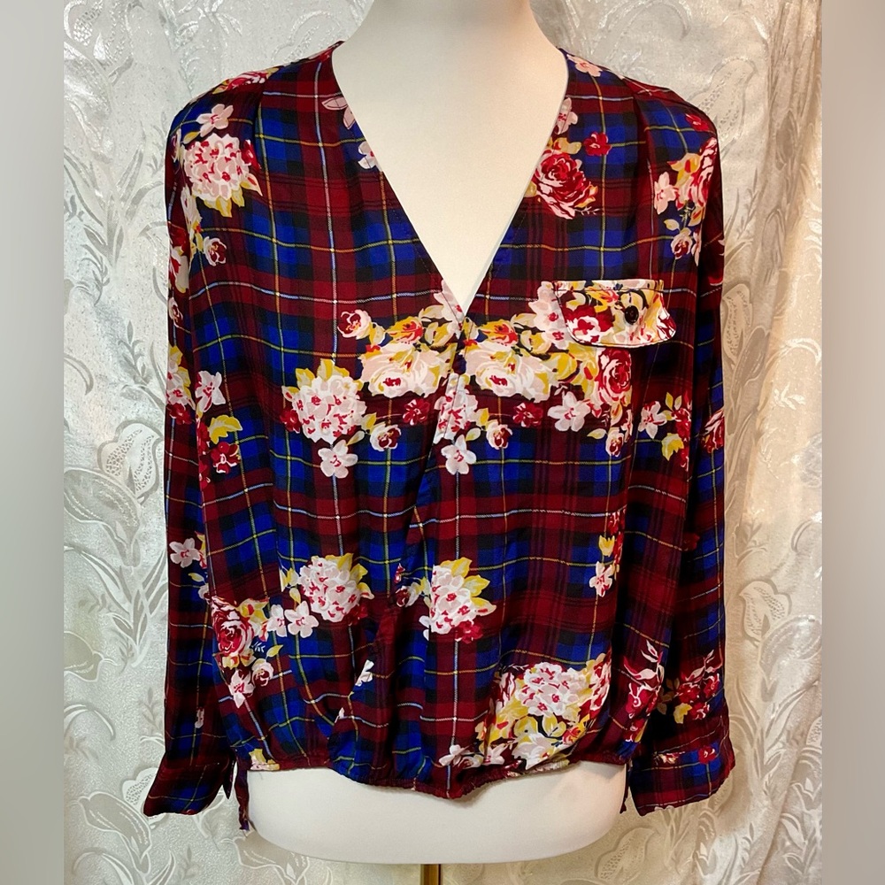 Tamara Maroon & Blue Plaid Floral Long Sleeve V-Neck Crossover Top